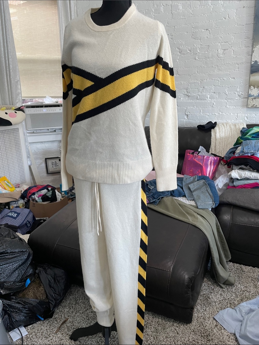 Madeleine Thompson cashmere Cream Sweater with Yellow and Black Chevron Stripe